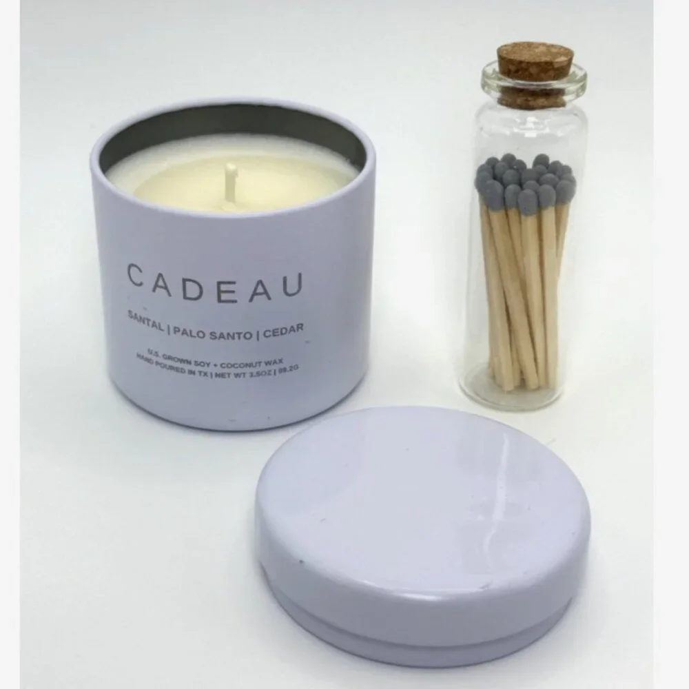 Cadeau Santal Cedar Soy Coconut Wax Candle Hand Poured Mini Match Jar New